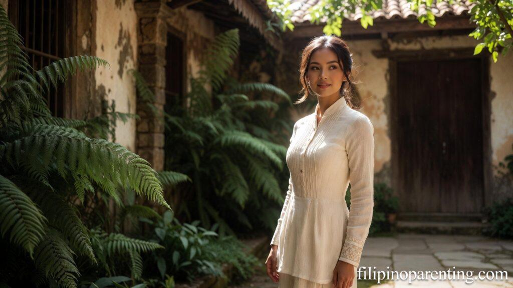Elegant Tagalog Words Beauty Grace Radiance: 5 Enchanting Truths A woman with inner radiance standing in a sunlit courtyard representing Elegant Tagalog Words Beauty Grace Radiance.