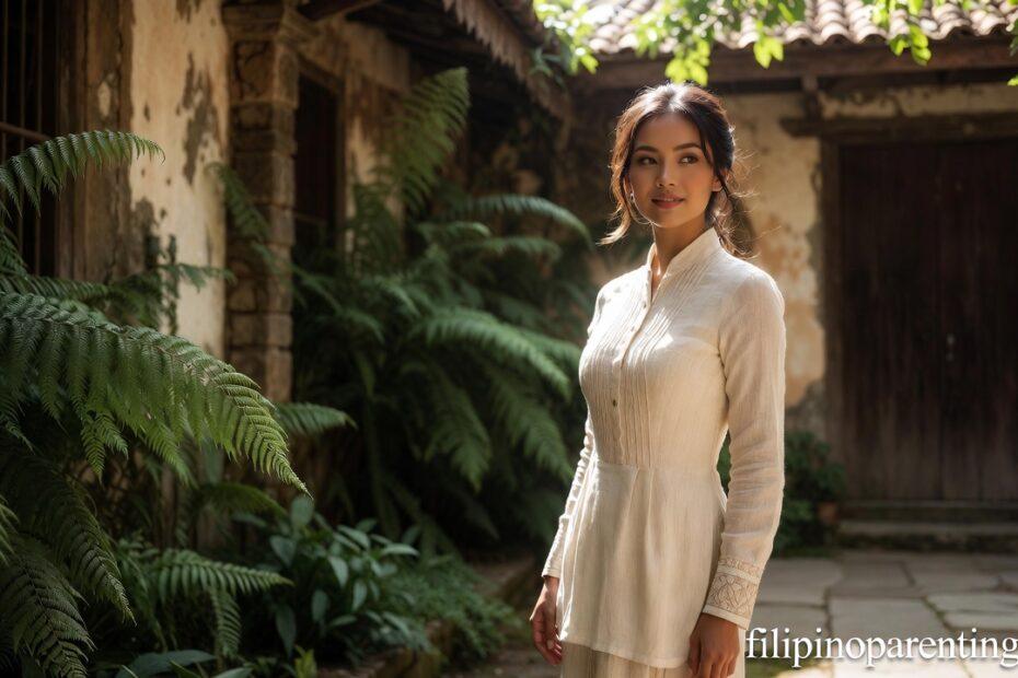 A woman with inner radiance standing in a sunlit courtyard representing Elegant Tagalog Words Beauty Grace Radiance.