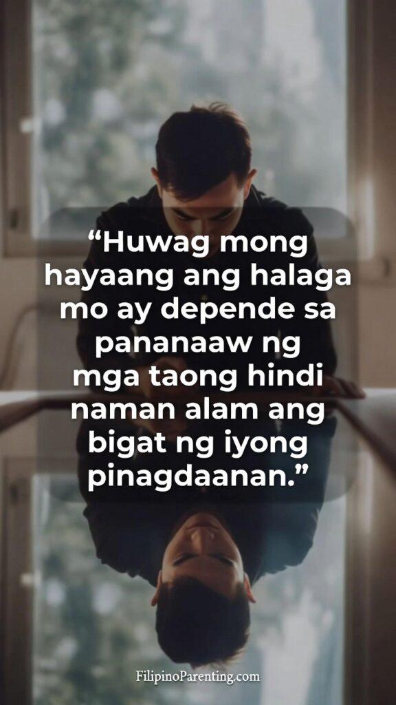Empowering Hugot Tagalog Quotes for Self-Love: 5 Unstoppable Lines A reflective scene of a person looking at their own reflection, paired with a Tagalog quote about self‑worth.