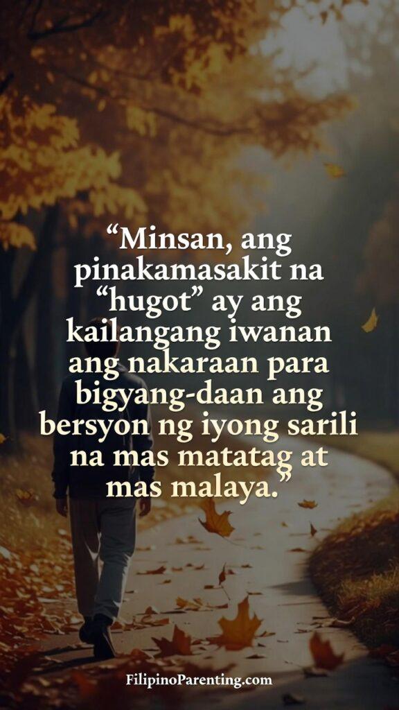 Empowering Hugot Tagalog Quotes for Self-Love: 5 Unstoppable Lines A person walking down a path with falling leaves, symbolizing letting go of the past, with a Tagalog quote.