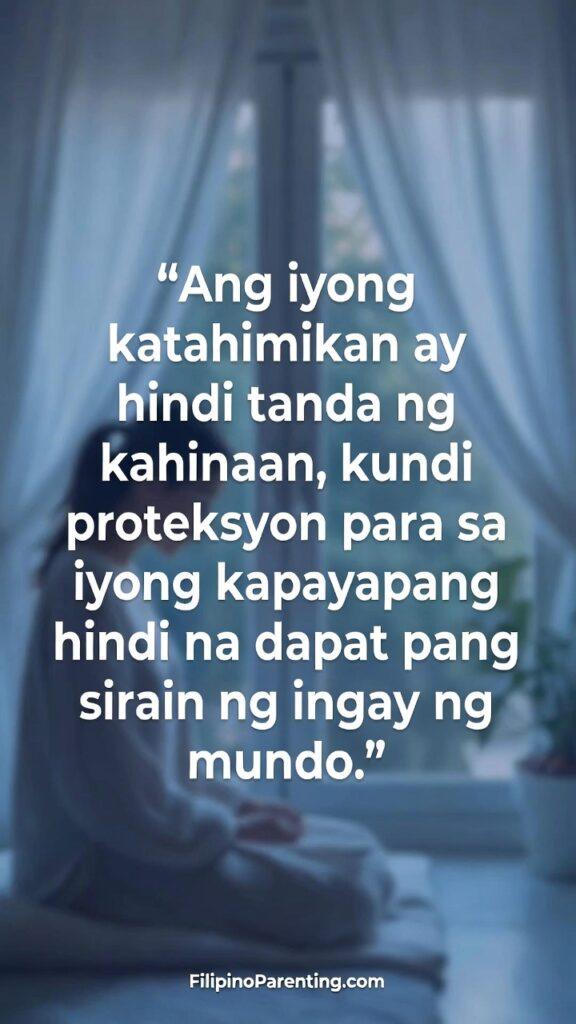 Empowering Hugot Tagalog Quotes for Self-Love: 5 Unstoppable Lines A peaceful indoor scene with soft light, symbolizing inner calm, with a Tagalog quote about protecting your peace.