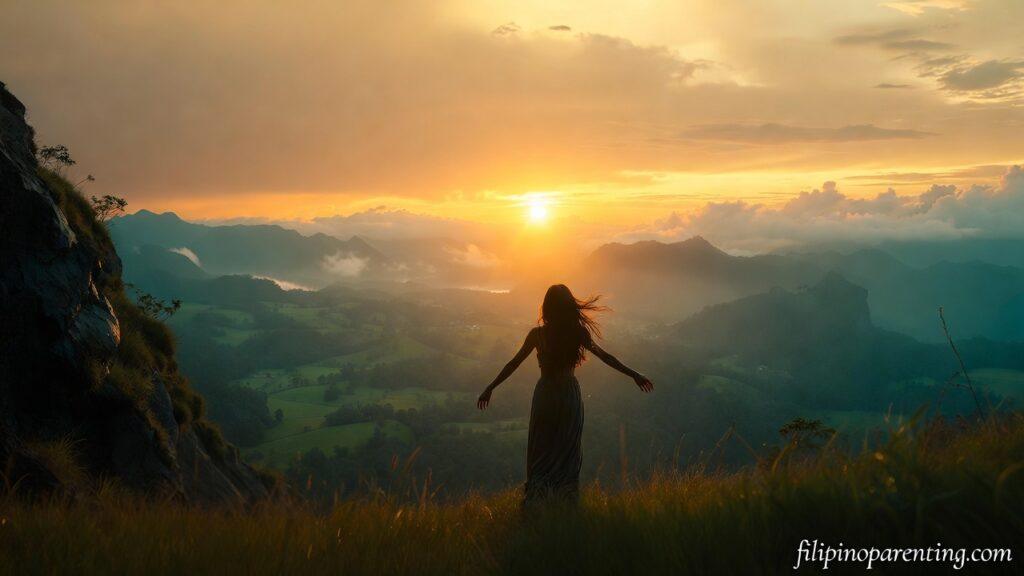 Empowering Hugot Tagalog Quotes for Self-Love: 5 Unstoppable Lines A woman at sunrise on a cliffside representing Empowering Hugot Tagalog Quotes for Self-Love.