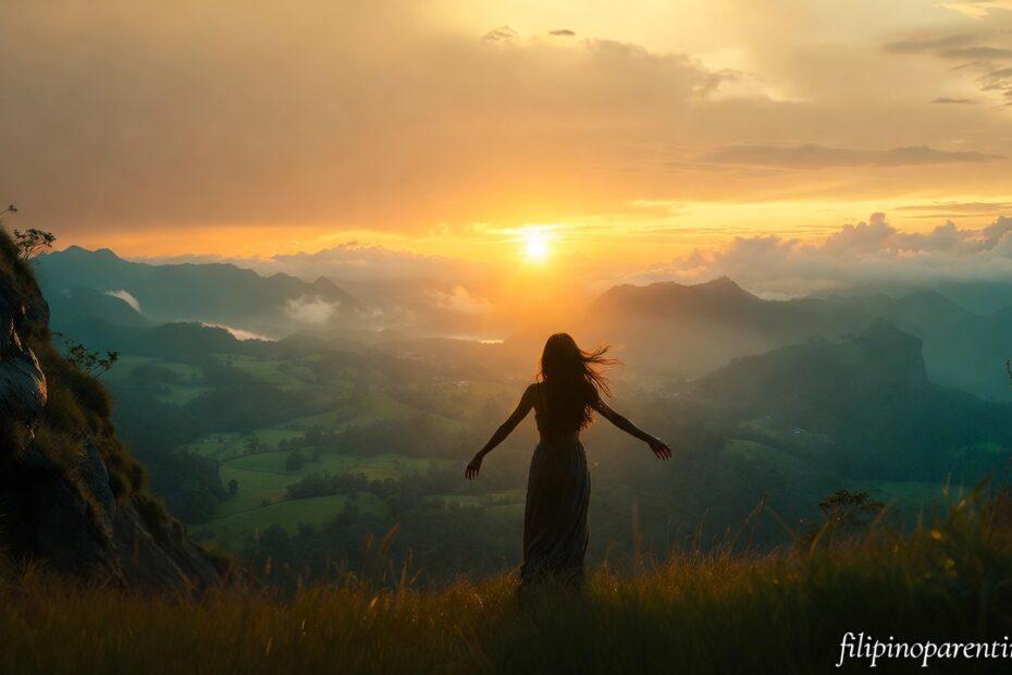 A woman at sunrise on a cliffside representing Empowering Hugot Tagalog Quotes for Self-Love.