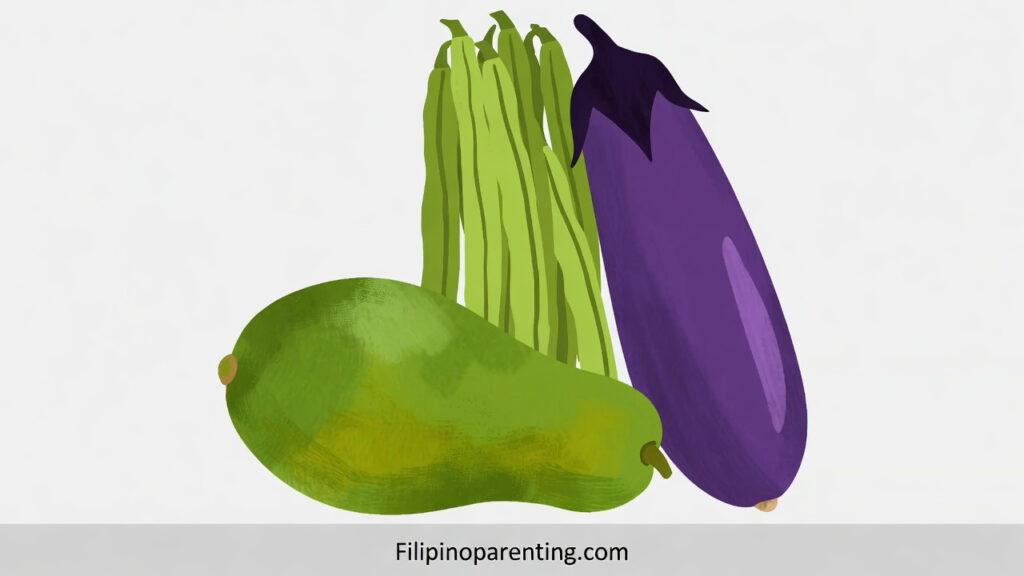 10 Must-Buy Filipino Grocery Items in Ottawa – Pinay Mom’s Honest Food Haul for Merienda & Baon Illustration of fresh sitaw (yardlong beans), talong (eggplant), and sayote (chayote)—essential Filipino grocery items in Ottawa for cooking Tinola and Pinakbet in Canada.