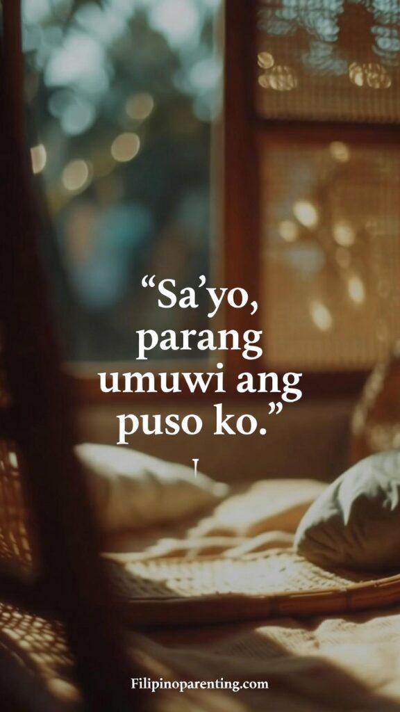 Filipino Quotes About Home and Presence: 5 Enchanting Truths of Belonging A warm, softly lit Filipino-inspired scene symbolizing emotional homecoming, with the quote “Sa’yo, parang umuuwi ang puso ko.” displayed vertically.