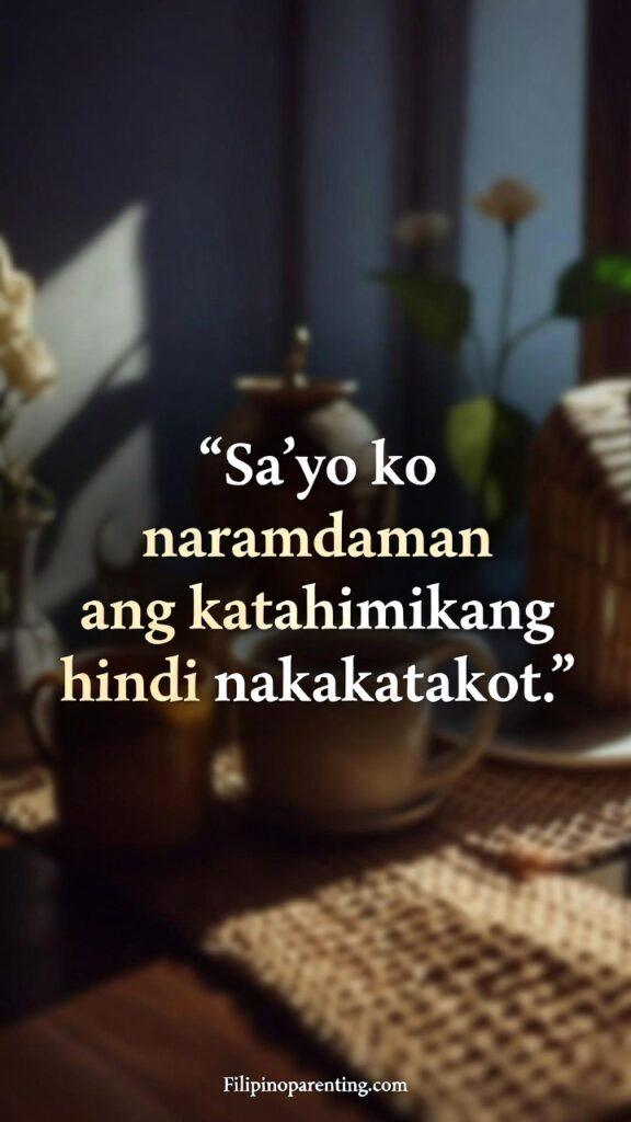 Filipino Quotes About Home and Presence: 5 Enchanting Truths of Belonging A calm, intimate Filipino-inspired scene representing safe silence, with the quote “Sa’yo ko naramdaman ang katahimikang hindi nakakatakot.”