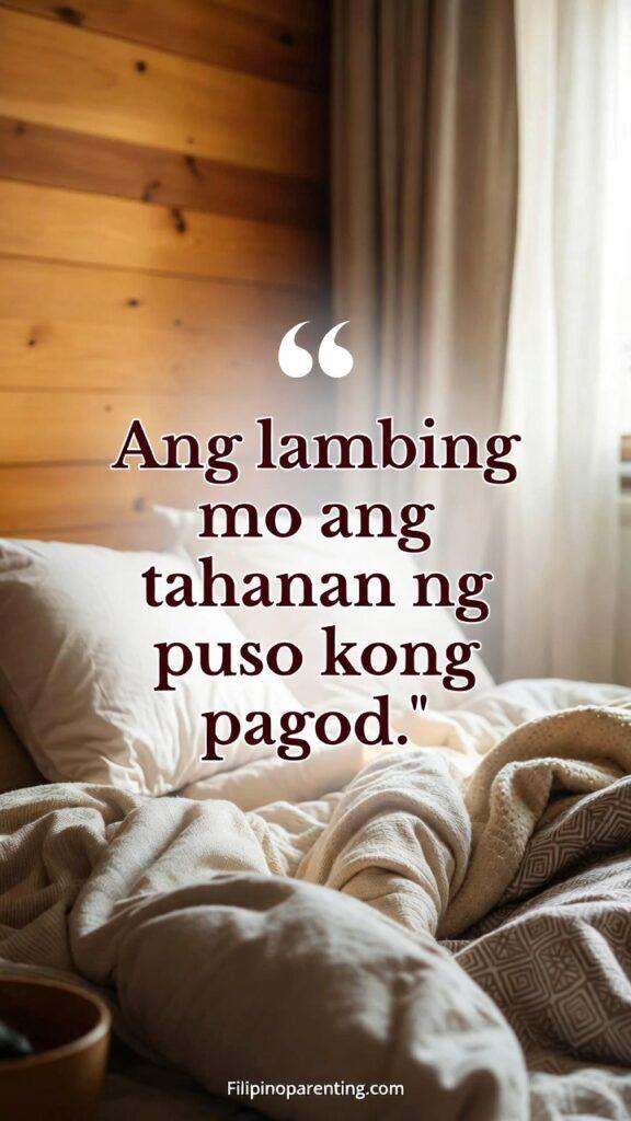 Filipino Quotes About Home and Presence: 5 Enchanting Truths of Belonging A warm, comforting Filipino-inspired scene symbolizing gentleness as home, with the quote “Ang lambing mo ang tahanan ng puso kong pagod.”