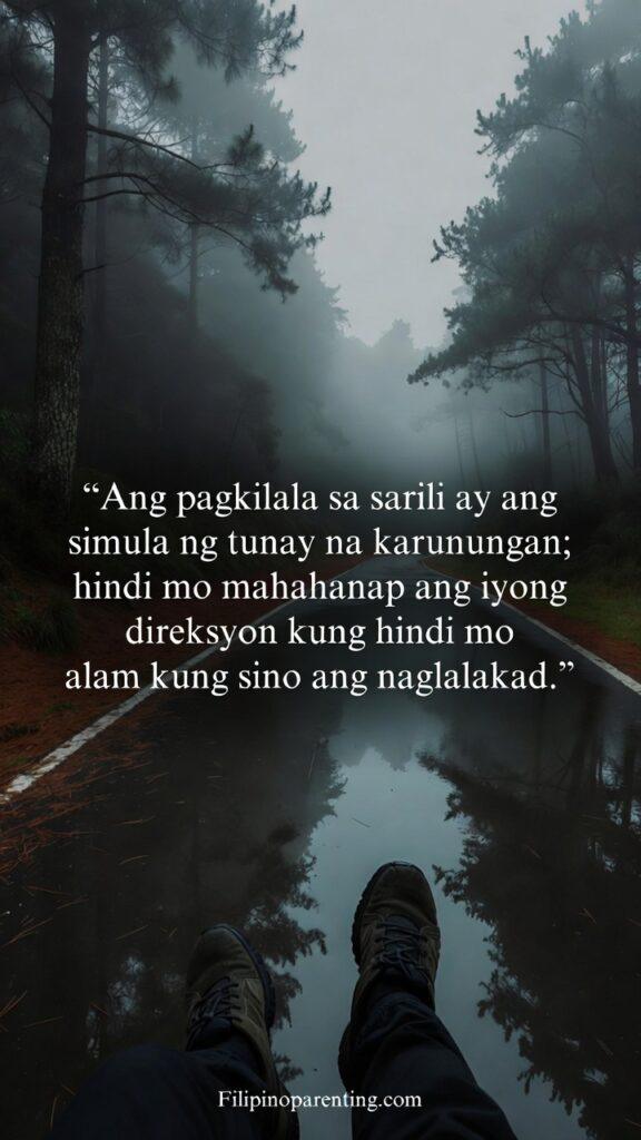 Filipino Quotes for Self-Discovery and Growth: 5 Unstoppable Truths A person walking on a path in a foggy forest with a Tagalog quote about self-discovery.