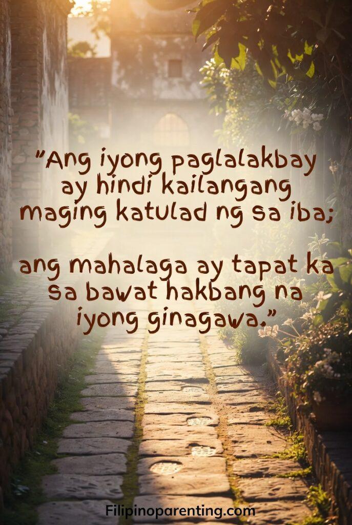 Filipino Quotes for Self-Discovery and Growth: 5 Unstoppable Truths A sunlit stone path with a Tagalog quote about being honest in one's unique journey.