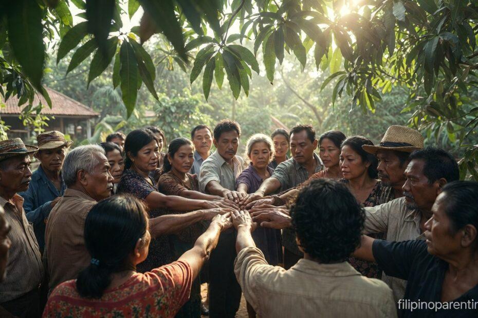 Hands joined in a circle representing Filipino Sayings Ang Diwa ng Bayanihan Community.