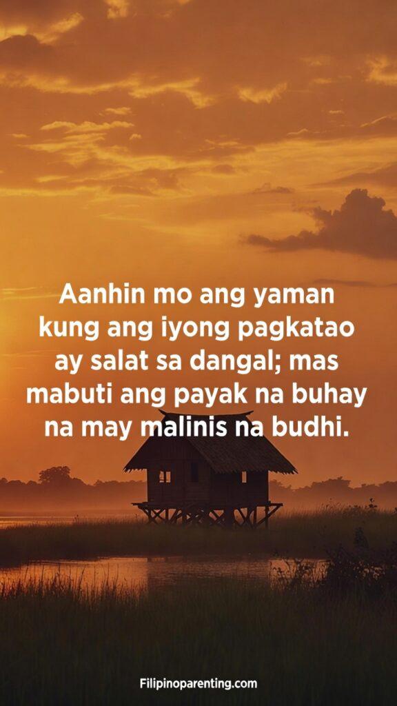 Filipino Tagalog Proverbs for Character Success: 5 Unstoppable Truths A simple, peaceful nipa hut (Bahay Kubo) at sunset next to a shimmering but blurry pile of gold coins.