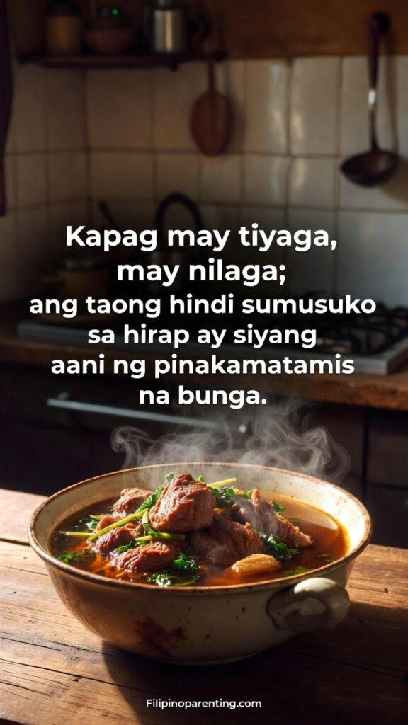 Filipino Tagalog Proverbs for Character Success: 5 Unstoppable Truths Close-up of hardworking hands holding a bowl of steaming Nilaga soup.