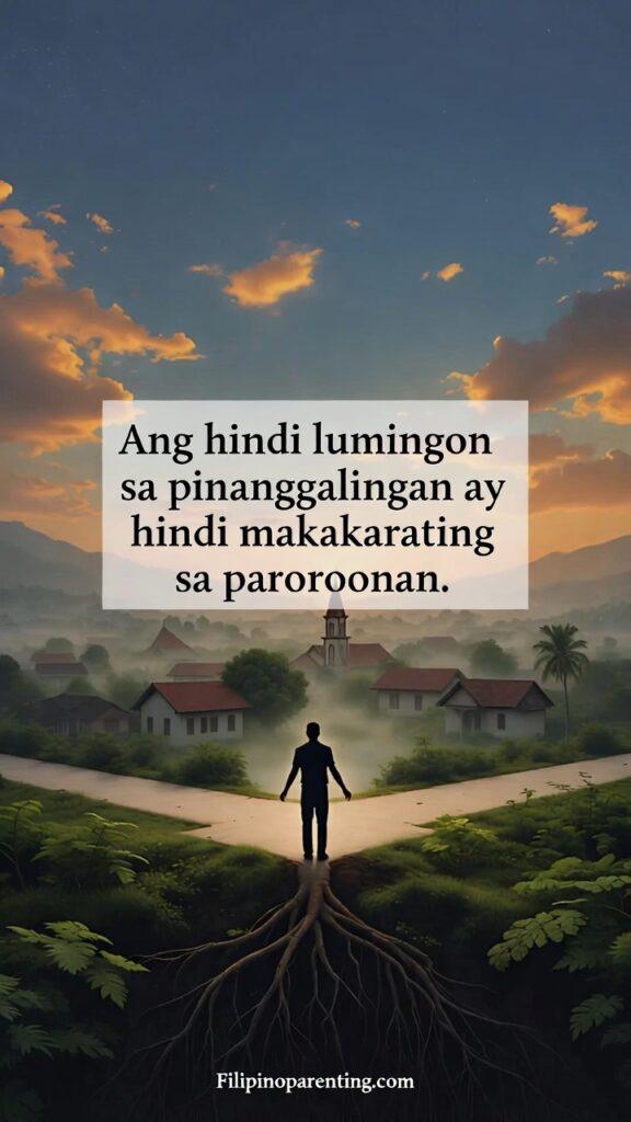 Filipino Tagalog Proverbs for Character Success: 5 Unstoppable Truths A person standing by a giant, ancient Balete tree looking back at a distant village on a foggy morning day.