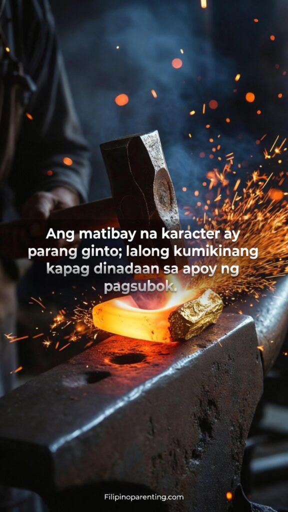 Filipino Tagalog Proverbs for Character Success: 5 Unstoppable Truths A blacksmith hammering glowing gold on an anvil with sparks flying.