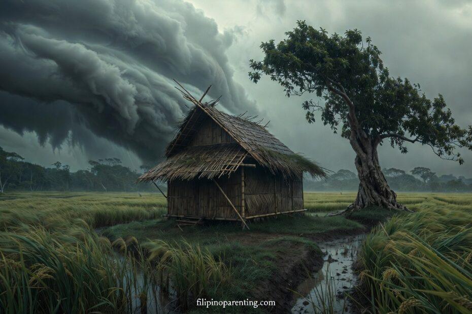 A Bahay Kubo and Narra tree representing Filipino Tagalog Proverbs for Character Success.