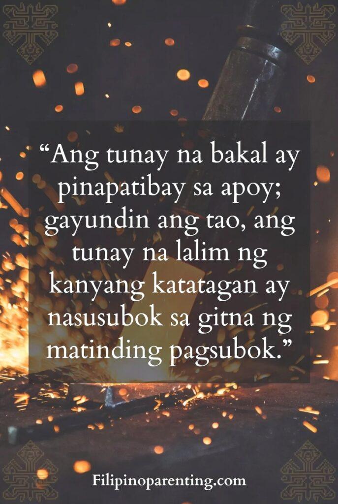 Filipino Tagalog Sayings Resilience Strength: 5 Unbreakable Truths Tagalog quote about resilience over an image of steel being forged in fire.
