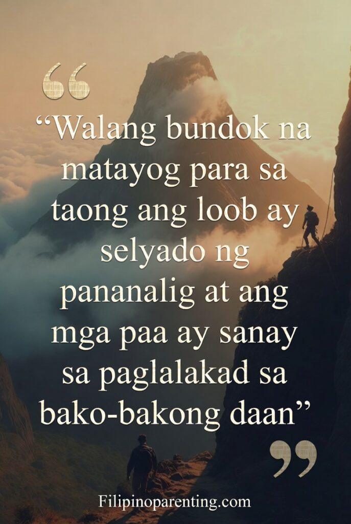 Filipino Tagalog Sayings Resilience Strength: 5 Unbreakable Truths Tagalog quote about perseverance over an image of a hiker climbing a tall mountain.