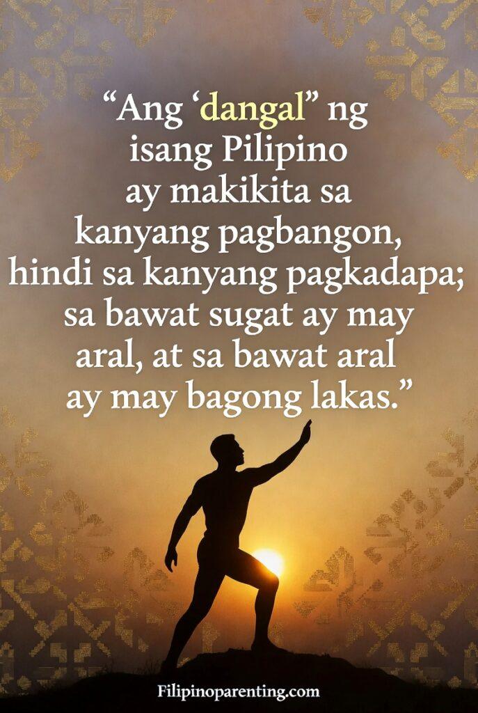Filipino Tagalog Sayings Resilience Strength: 5 Unbreakable Truths Tagalog quote about honor and rising again over an image of a person standing up at sunrise.