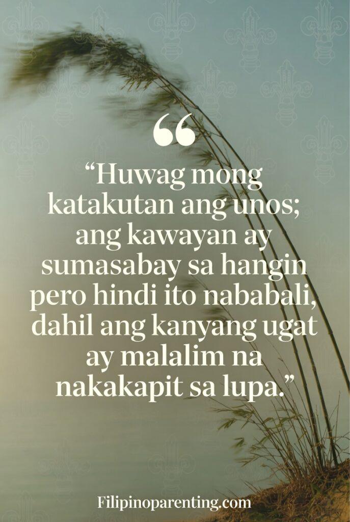 Filipino Tagalog Sayings Resilience Strength: 5 Unbreakable Truths Tagalog quote about resilience over an image of bamboo bending in the wind.