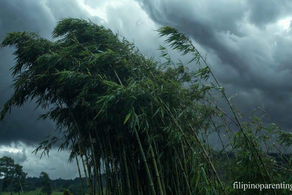 Bamboo stalks swaying in a storm representing Filipino Tagalog Sayings Resilience Strength.