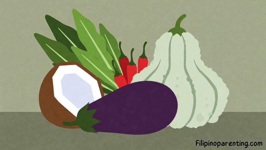 Filipino Vegetable Dishes: 10 Delicious & Must-Try Traditional Ulam Recipes for Families Filipino Vegetable Dishes: A colorful vector illustration of common ingredients like eggplant, squash, chili, leafy greens, and coconut used in traditional ulam.