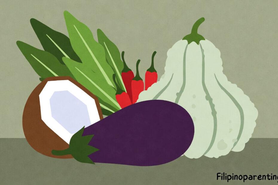 Filipino Vegetable Dishes: A colorful vector illustration of common ingredients like eggplant, squash, chili, leafy greens, and coconut used in traditional ulam.