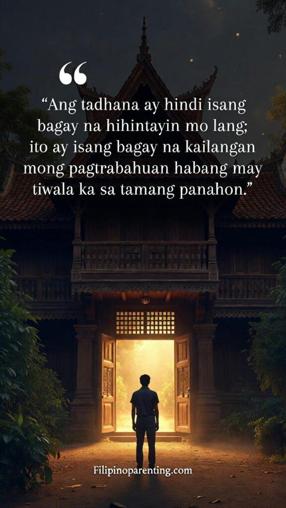 Filipino Wisdom Quotes Tadhana Fate Luck Work: 5 Unstoppable Truths A person standing before a massive, ornate wooden door opening toward a bright light.