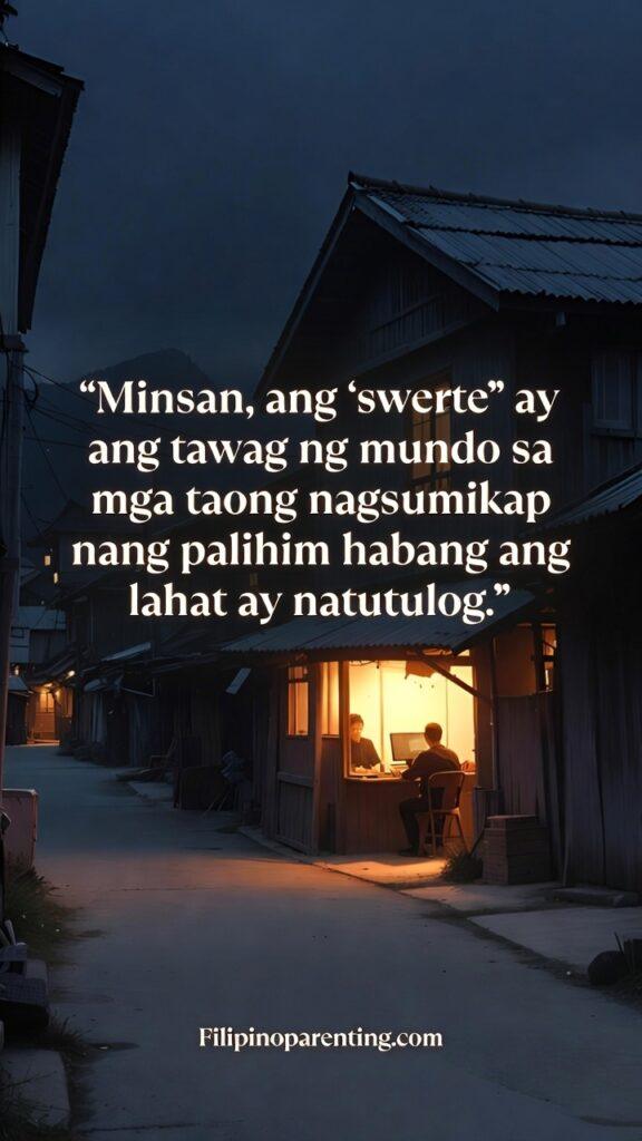 Filipino Wisdom Quotes Tadhana Fate Luck Work: 5 Unstoppable Truths A warm light burning in an alley of a dark neighborhood under a gloomy sky.