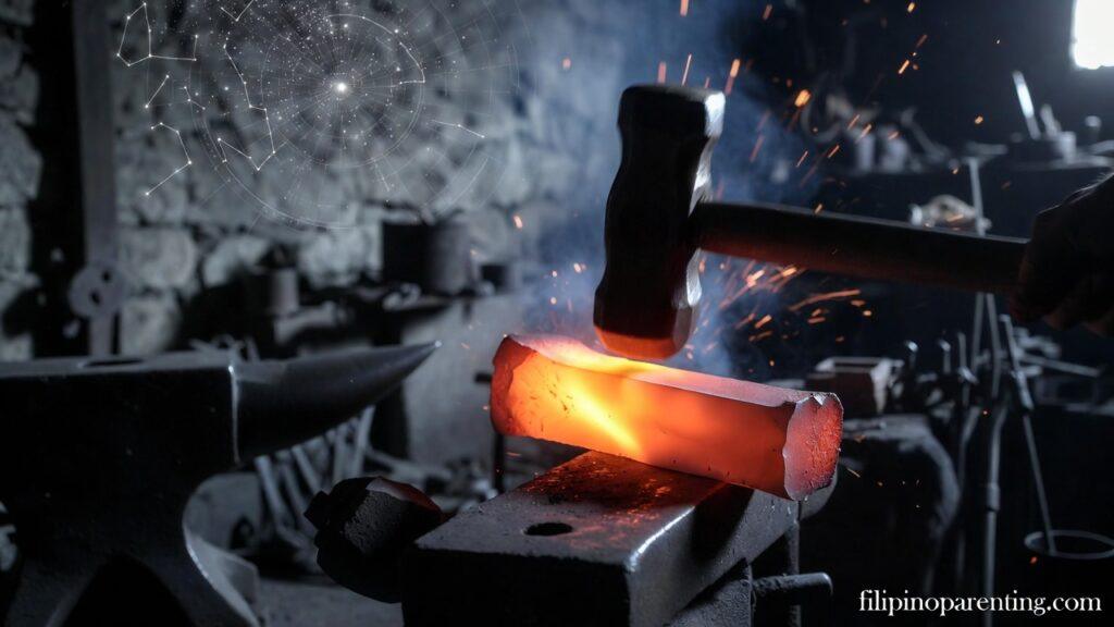 Filipino Wisdom Quotes Tadhana Fate Luck Work: 5 Unstoppable Truths A blacksmith forging iron under a constellation map representing Filipino Wisdom Quotes Tadhana Fate Luck Work.
