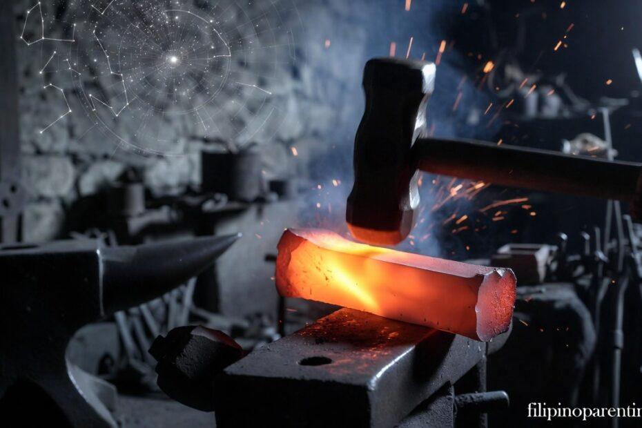 Filipino Wisdom Quotes Tadhana Fate Luck Work: 5 Unstoppable Truths A blacksmith forging iron under a constellation map representing Filipino Wisdom Quotes Tadhana Fate Luck Work.