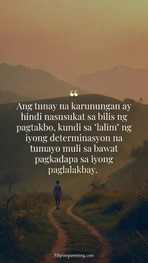 Filipino Wisdom Quotes on Persistence and Journey: 5 Unbreakable Truths A peaceful Filipino-inspired scene of a traveler walking a quiet path with a Tagalog quote about wisdom and determination.