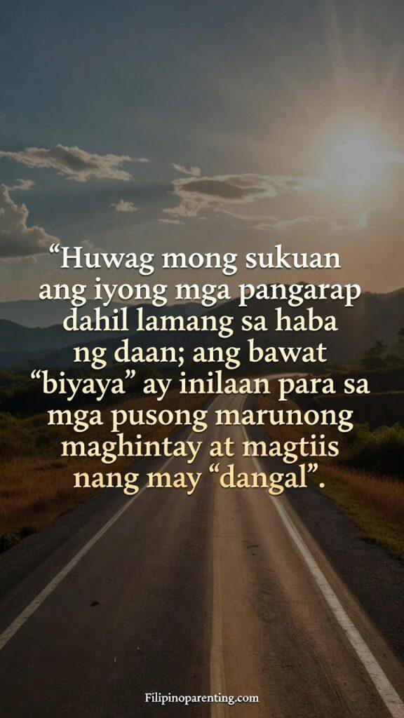 Filipino Wisdom Quotes on Persistence and Journey: 5 Unbreakable Truths A warm Filipino countryside path at golden hour with a Tagalog quote about patience and honor.