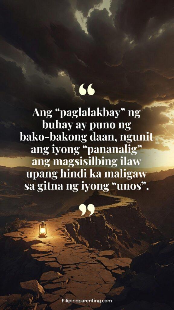 Filipino Wisdom Quotes on Persistence and Journey: 5 Unbreakable Truths A rocky path lit by a lantern symbolizing faith, with a Tagalog quote about guidance through life’s storms.