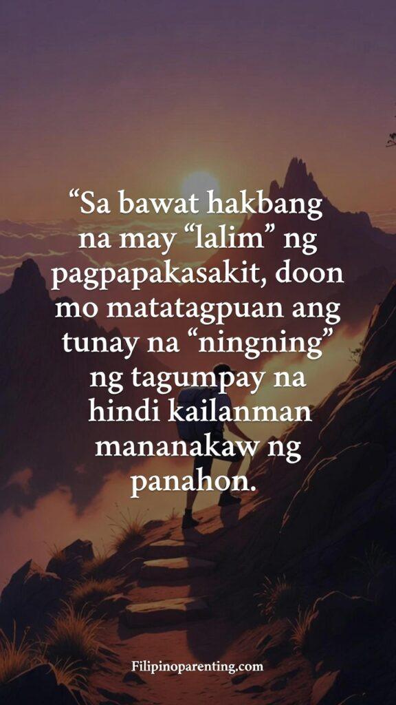 Filipino Wisdom Quotes on Persistence and Journey: 5 Unbreakable Truths A sunrise mountain climb with a Tagalog quote about sacrifice and the radiance of true success.
