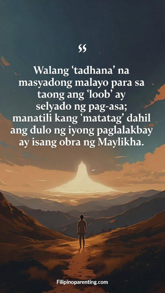 Filipino Wisdom Quotes on Persistence and Journey: 5 Unbreakable Truths A hopeful Filipino-inspired horizon with a Tagalog quote about destiny and inner hope.