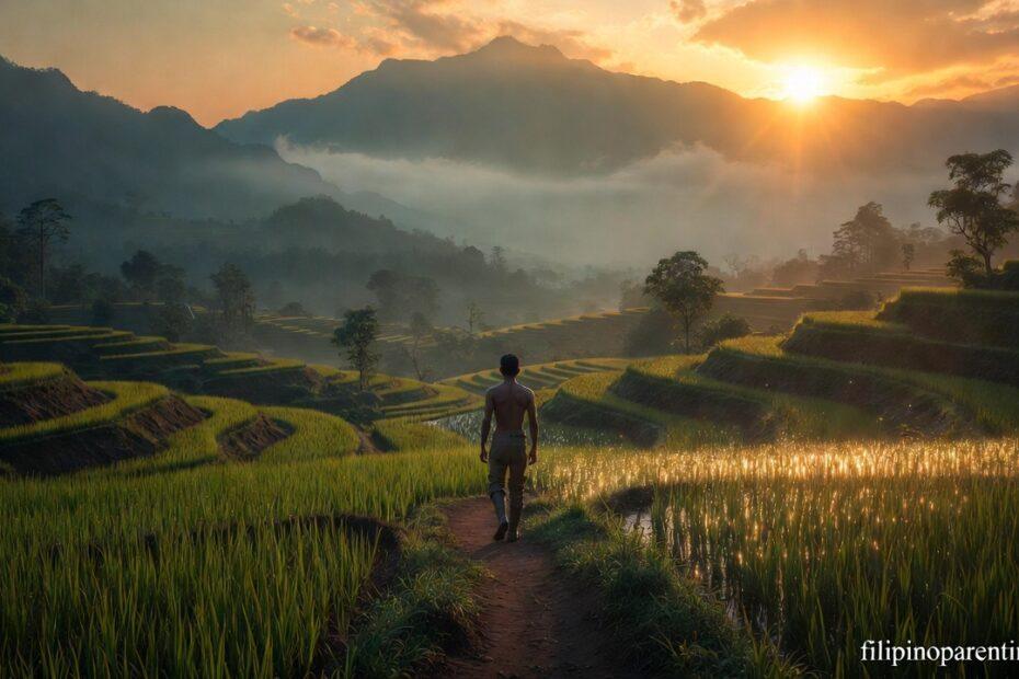 A path through rice terraces representing Filipino Wisdom Quotes on Persistence and Journey.