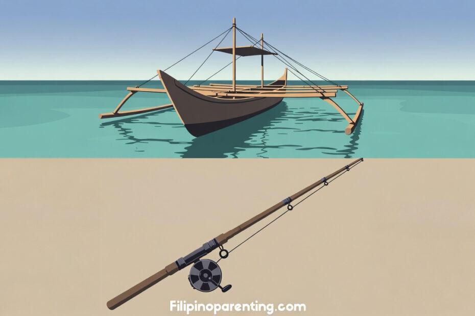 Fishing in Tagalog: An illustration of a traditional Filipino bangka boat and a fishing rod to help learners master fishing phrases.