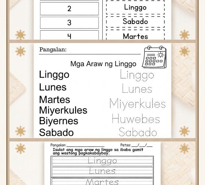 A vertical Pinterest-style graphic featuring three free printable Tagalog days of the week worksheets, including a cut-and-paste activity and handwriting practice sheets.