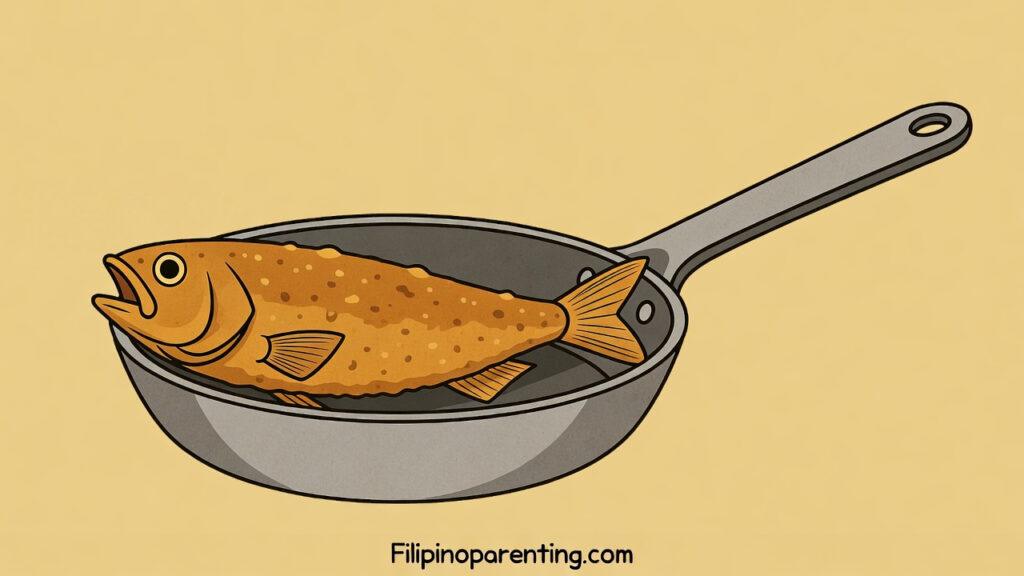Fry in Tagalog: Unlock 12 Delicious Example Sentences for Incredible Filipino Cooking Mastery Fry in Tagalog illustration of a golden-brown fried fish in a pan representing the word magprito