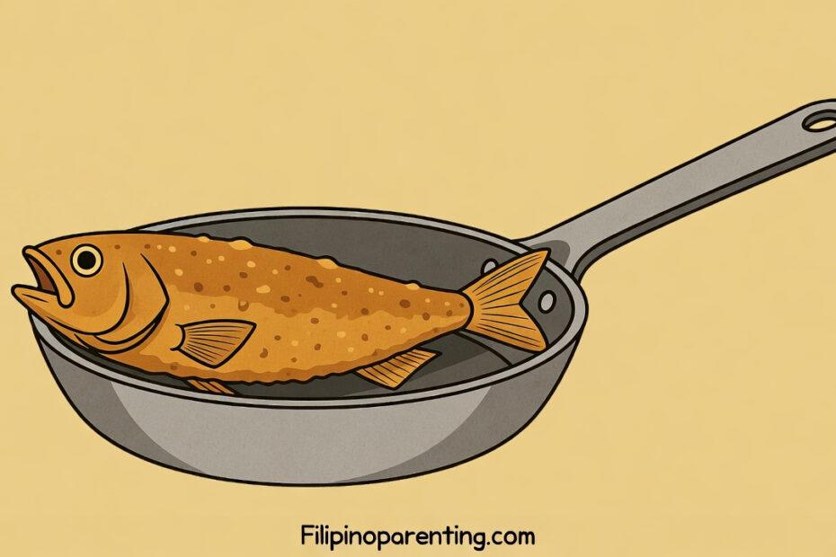 Fry in Tagalog illustration of a golden-brown fried fish in a pan representing the word magprito