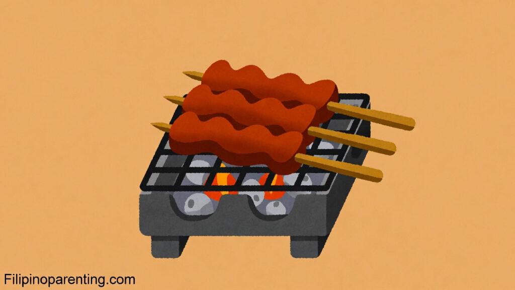 Grill in Tagalog: Unlock 12 Delicious Example Sentences for Incredible Filipino Barbecue Mastery Grill in Tagalog illustration of a traditional Filipino charcoal grill with pork barbecue skewers