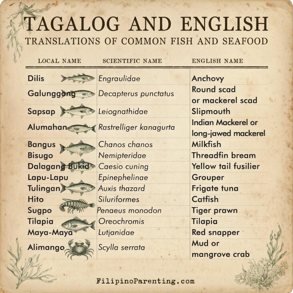 Tagalog to English Fish & Seafood Names: 14 Essential Translations You Need to Know Vintage Illustrated Guide to Tagalog and English Seafood Translations