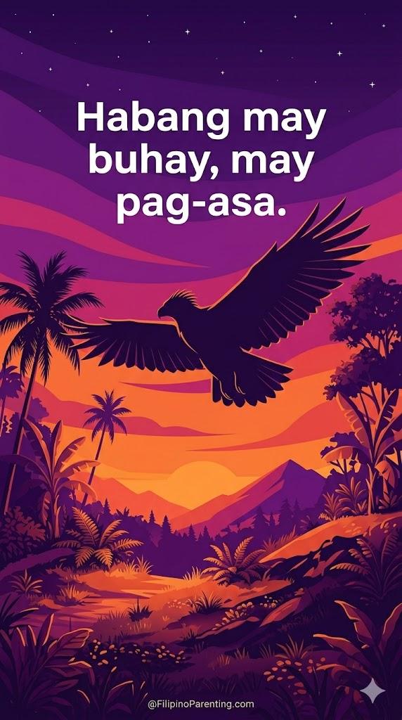 Pinoy Motivational Quotes: 30 Powerful Sayings to Build Your Inner Strength A vibrant vector-style illustration of a Philippine Eagle soaring over a tropical mountain landscape during a purple and orange sunset. The Tagalog proverb "Habang may buhay, may pag-asa" is displayed in bold white text.