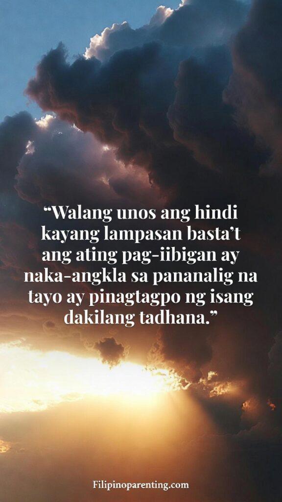 Heartfelt Tagalog Love Quotes Tahanan at Tadhana: 5 Enchanting Truths A hopeful Filipino-themed artwork showing love overcoming storms, with the Tagalog quote displayed.