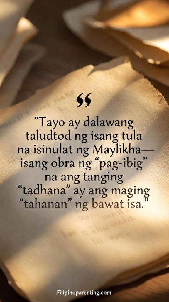 Heartfelt Tagalog Love Quotes Tahanan at Tadhana: 5 Enchanting Truths A poetic Filipino-inspired artwork showing two souls as lines of a divine poem, with the Tagalog quote displayed.