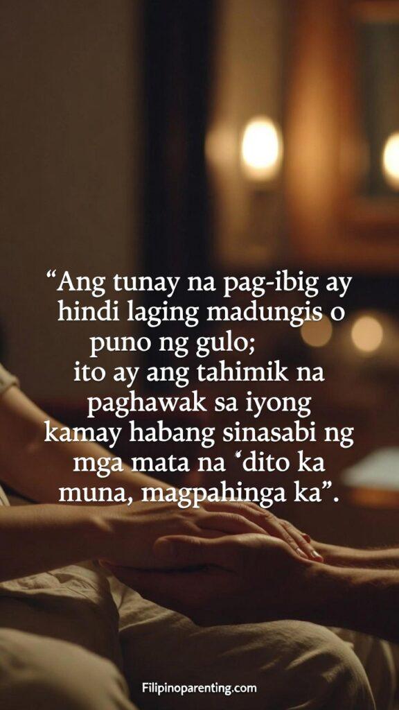 Heartfelt Tagalog Quotes Finding Peace in Love: 5 Unstoppable Truths A warm, serene image of two hands gently holding with soft light and the Tagalog quote about peaceful love.
