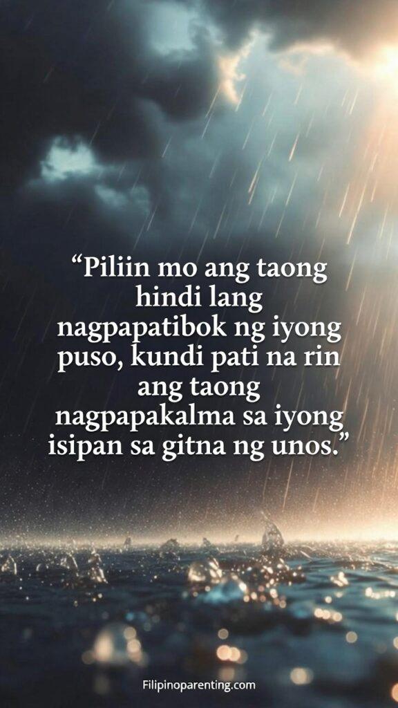 Heartfelt Tagalog Quotes Finding Peace in Love: 5 Unstoppable Truths A calming image with soft rain and light, paired with a Tagalog quote about choosing someone who brings peace.