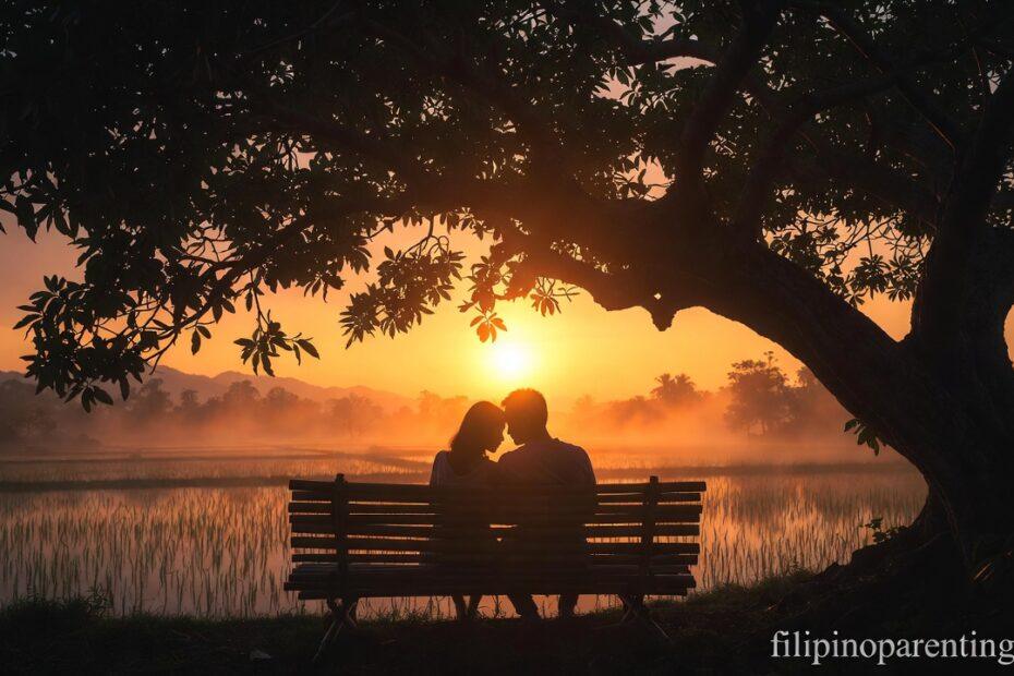 A couple sitting under a tree at sunset representing Heartfelt Tagalog Quotes Finding Peace in Love.
