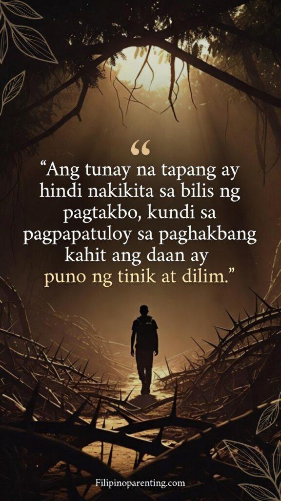 Heartfelt Tagalog Quotes for Courage in Life Trails: 5 Fearless Truths A traveler walking through a dark, thorny forest path with golden light symbolizing courage.