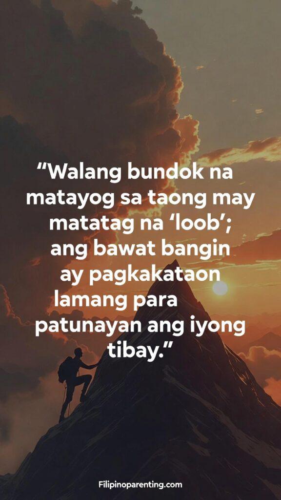 Heartfelt Tagalog Quotes for Courage in Life Trails: 5 Fearless Truths A climber reaching a mountain peak at sunrise, symbolizing inner strength.